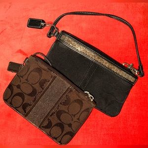 Two Coach small clutch purses, black and brown! Classic coach logo print design!